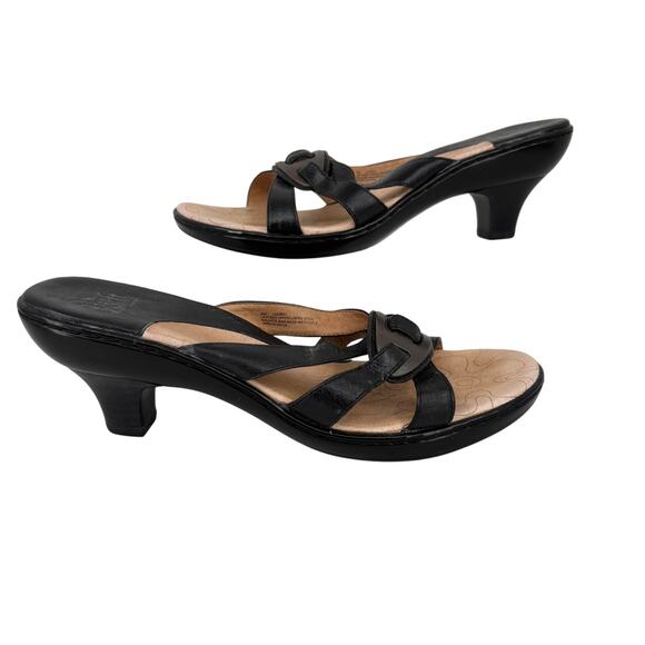 Sofft Heeled Sandals Women's Size 9 Black Leather Slip On Strappy Open Toe - Picture 1 of 9